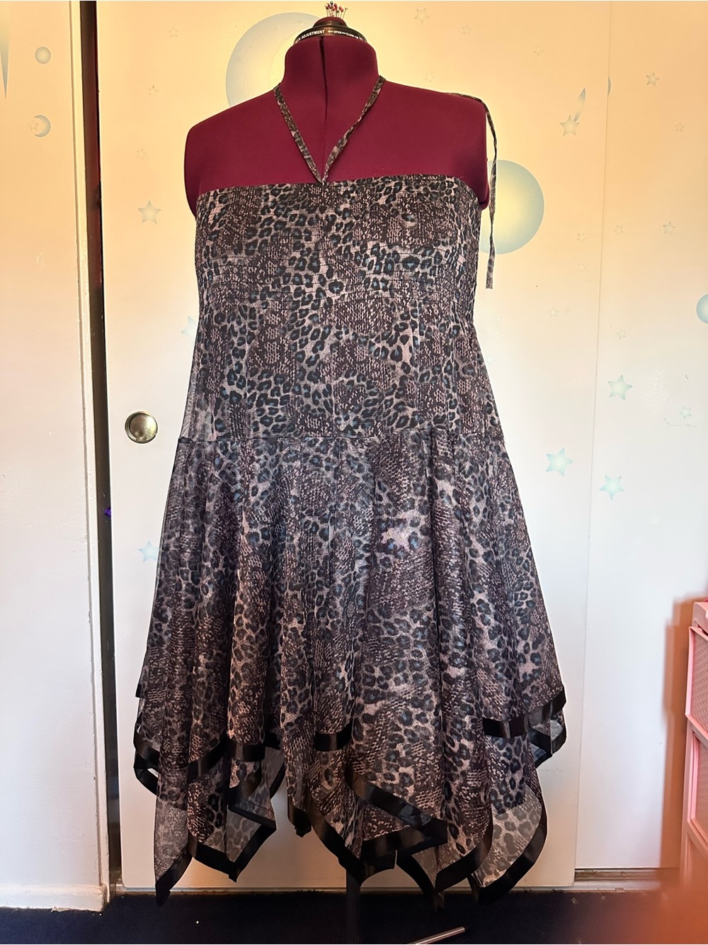 Vintage Lapis Leopard Print Handkerchief Hem Strapless Dress or Maxi Skirt